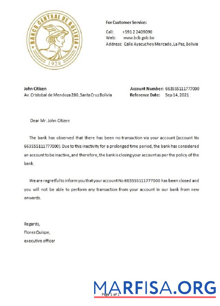 Realistic Bolivia Banco Central de Bolivia closure reference sample